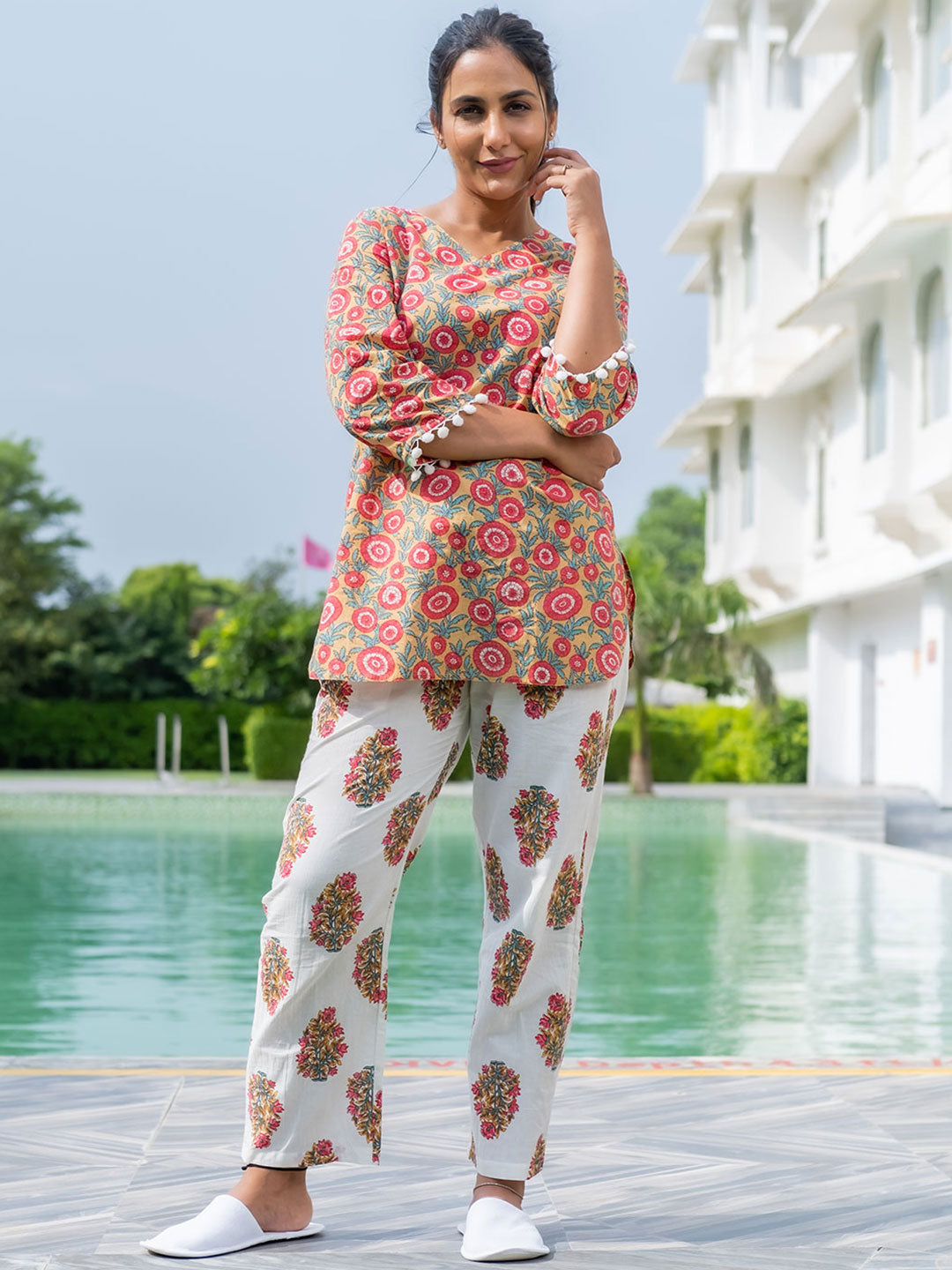 Yellow Ethnic Print Straight Cotton Sleepwear