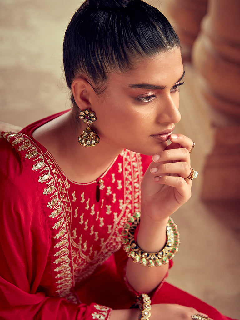 Women Red Straight Embroidered Kurta With Pants And Dupatta