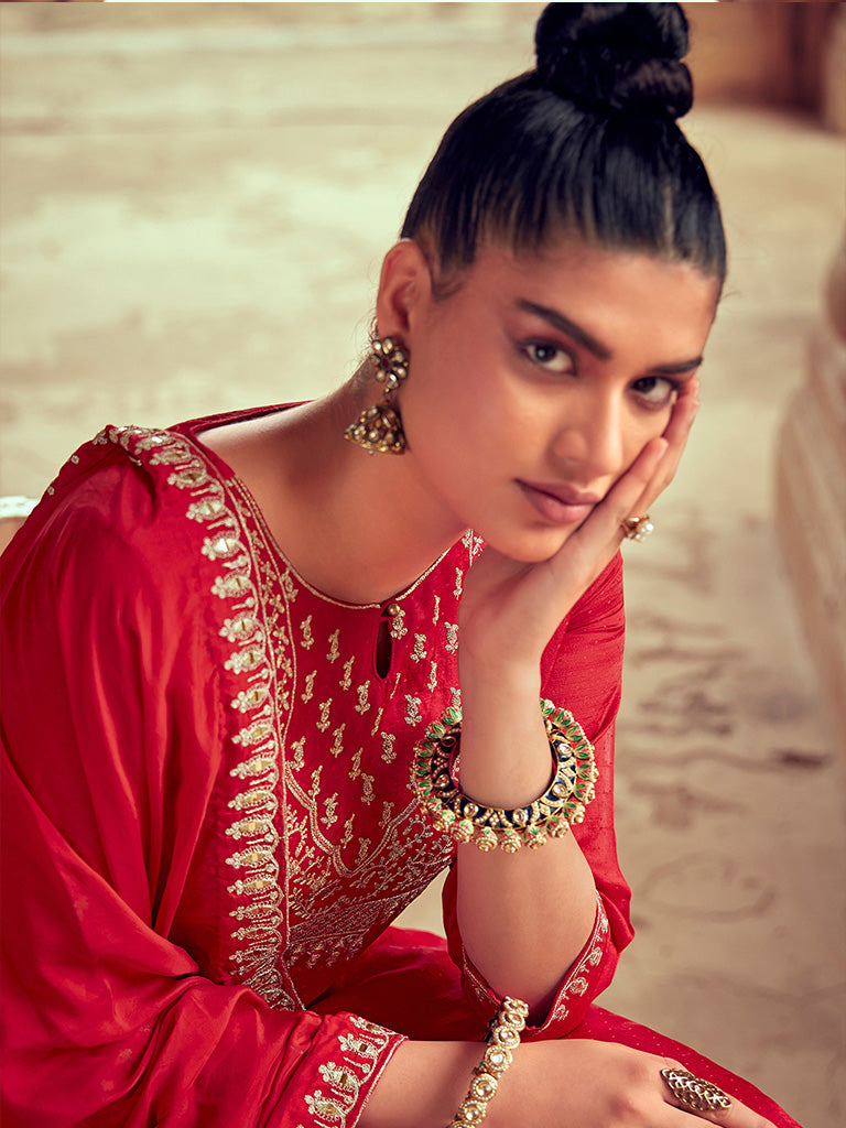 Women Red Straight Embroidered Kurta With Pants And Dupatta