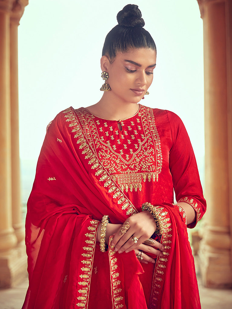 Women Red Straight Embroidered Kurta With Pants And Dupatta