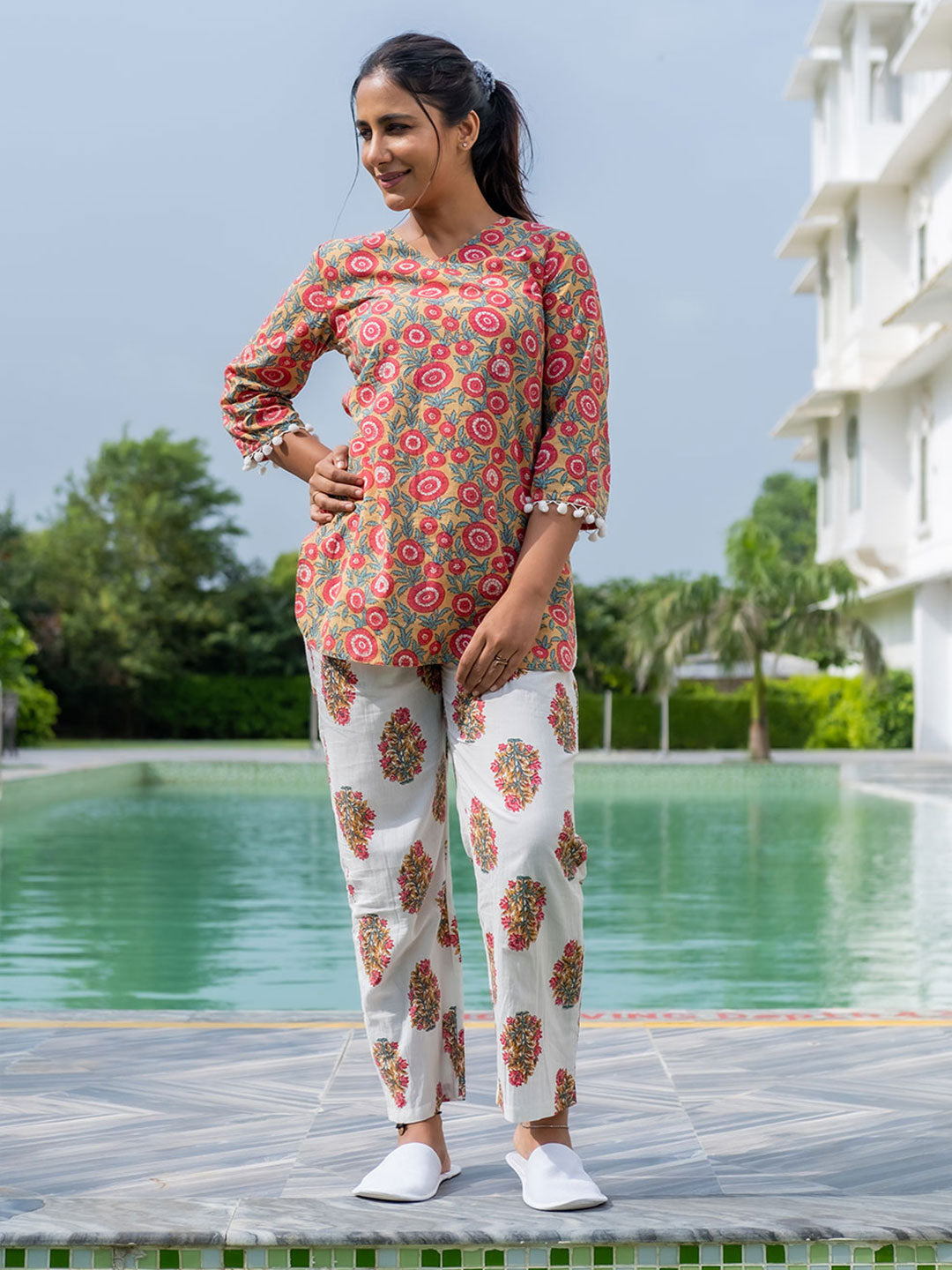 Yellow Ethnic Print Straight Cotton Sleepwear