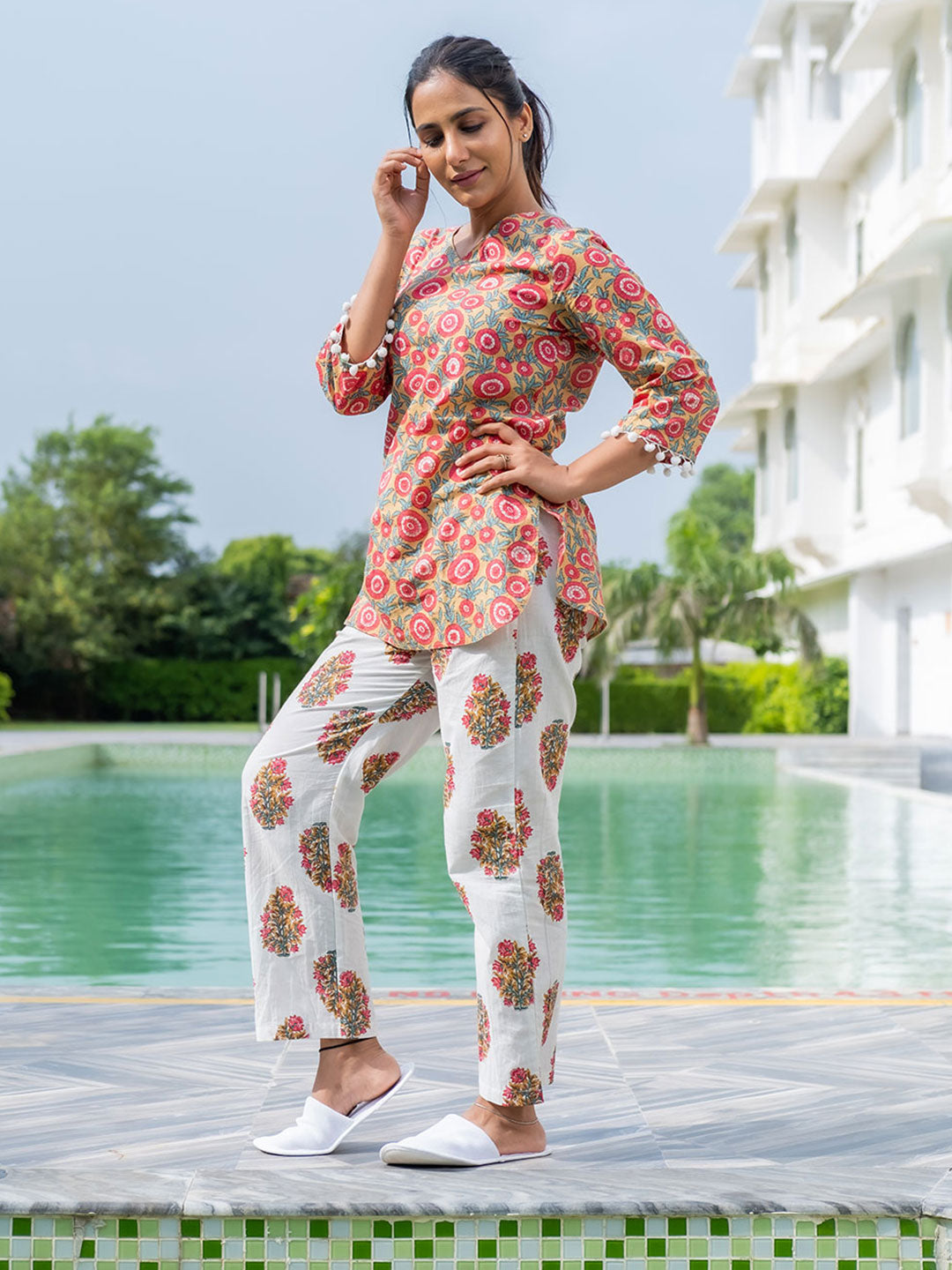 Yellow Ethnic Print Straight Cotton Sleepwear