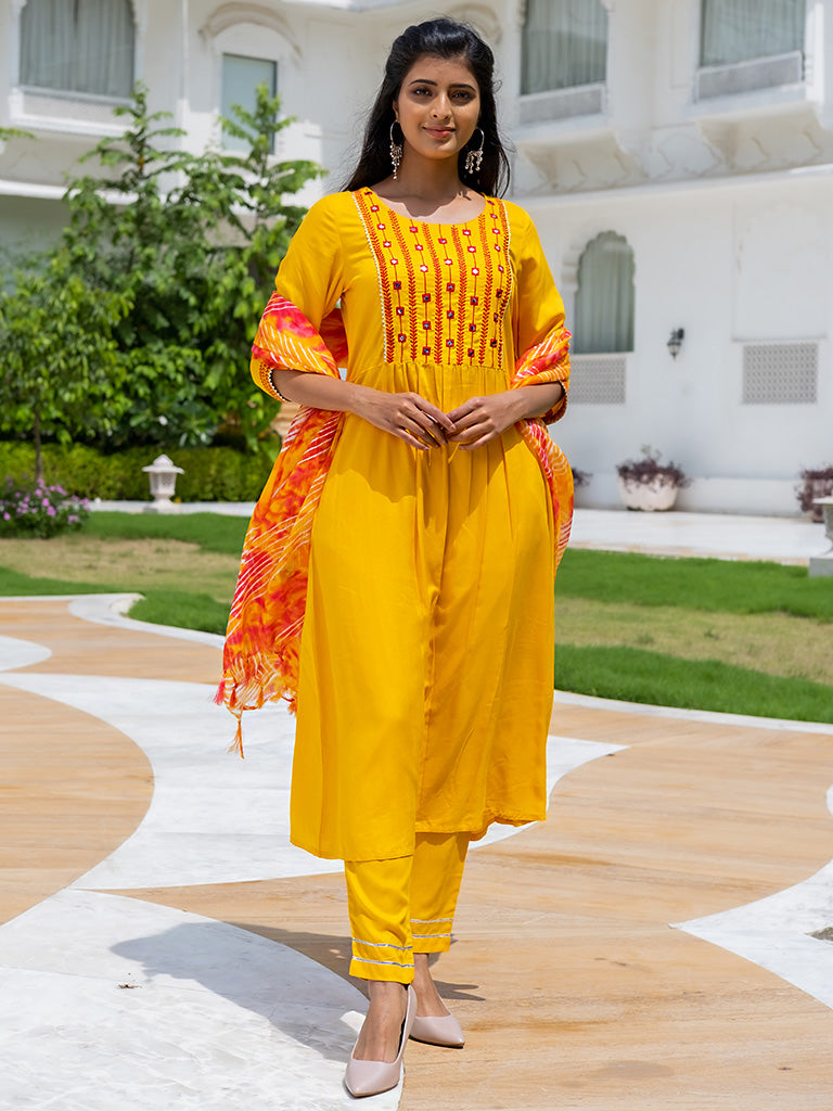 A Straight Solid Yellow Embroidered Rayon Kurta With Pants And Kota Doria Dupatta