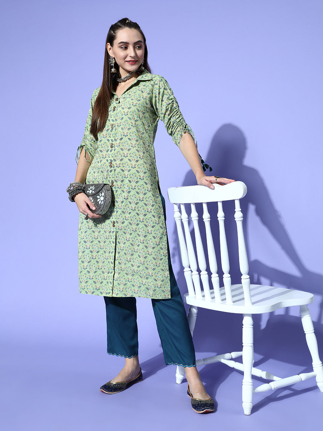 Green Cotton Printed Shirt Style Kurta With Tasseled Three-Fourth Pull Up Sleeves