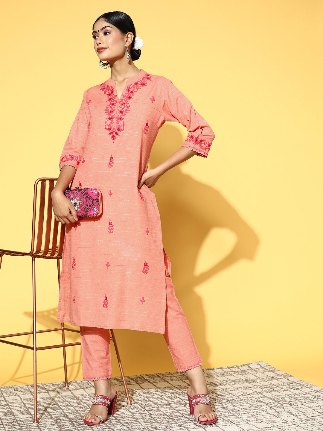 Pink Embroidered Yarn Dyed Kurta With Pants