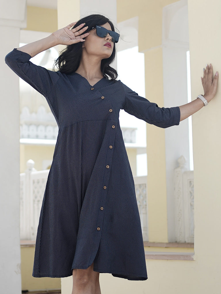 Navy Blue Yarn Dyed Striped Shirt Dress