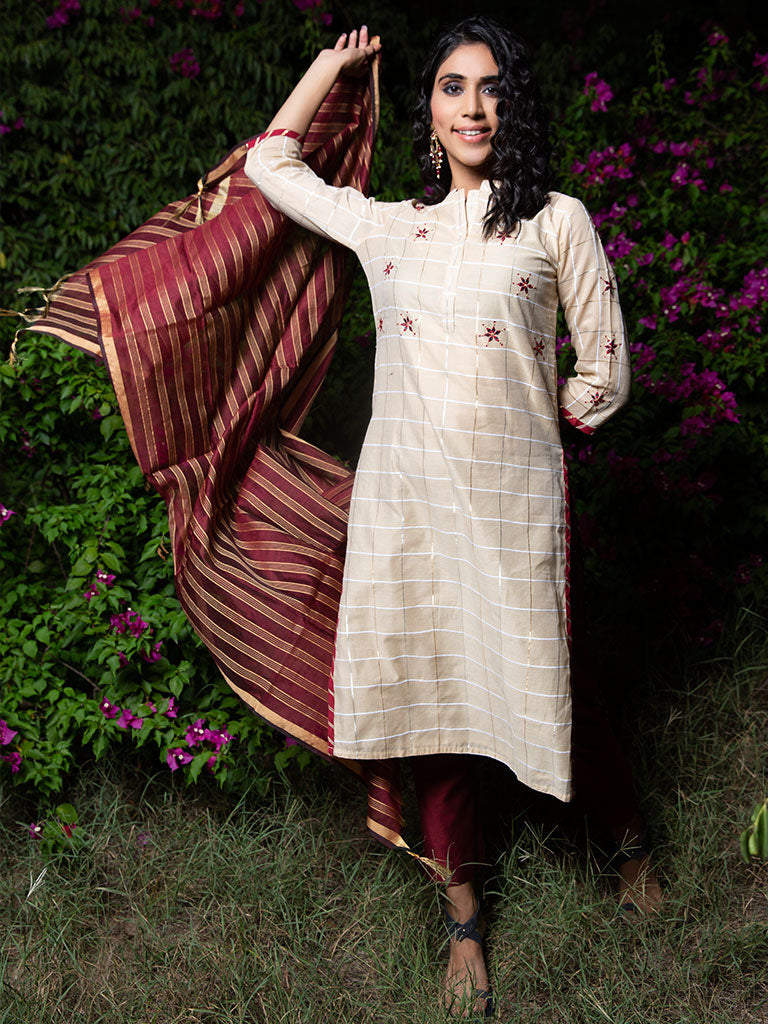 Checks Mirror Embroidery Beige Chanderi Kurta With Pants And Dupatta