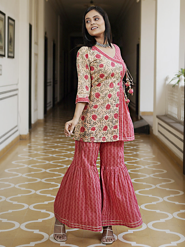 A-Line Short Printed Angrakha Pattern Embellished Kurti With Printed Cotton Sharara