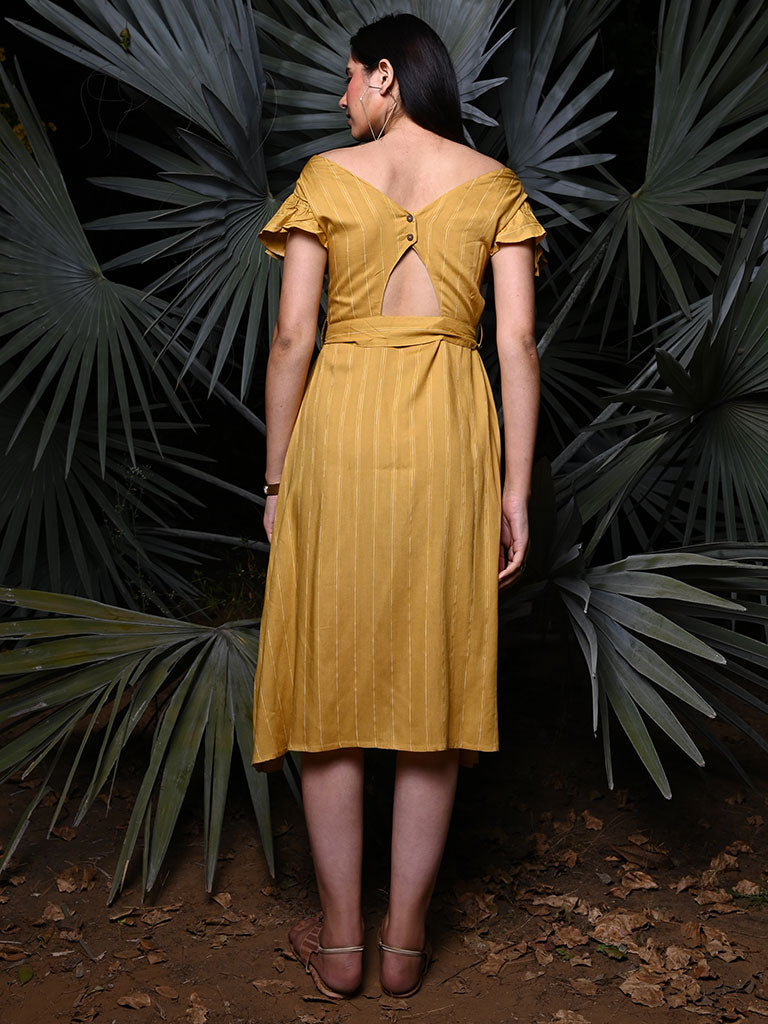 Yellow Self Weave Rayon Flared Dress With Belt
