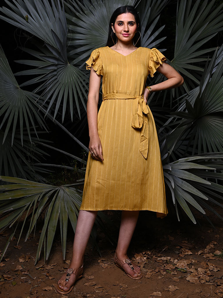 Yellow Self Weave Rayon Flared Dress With Belt