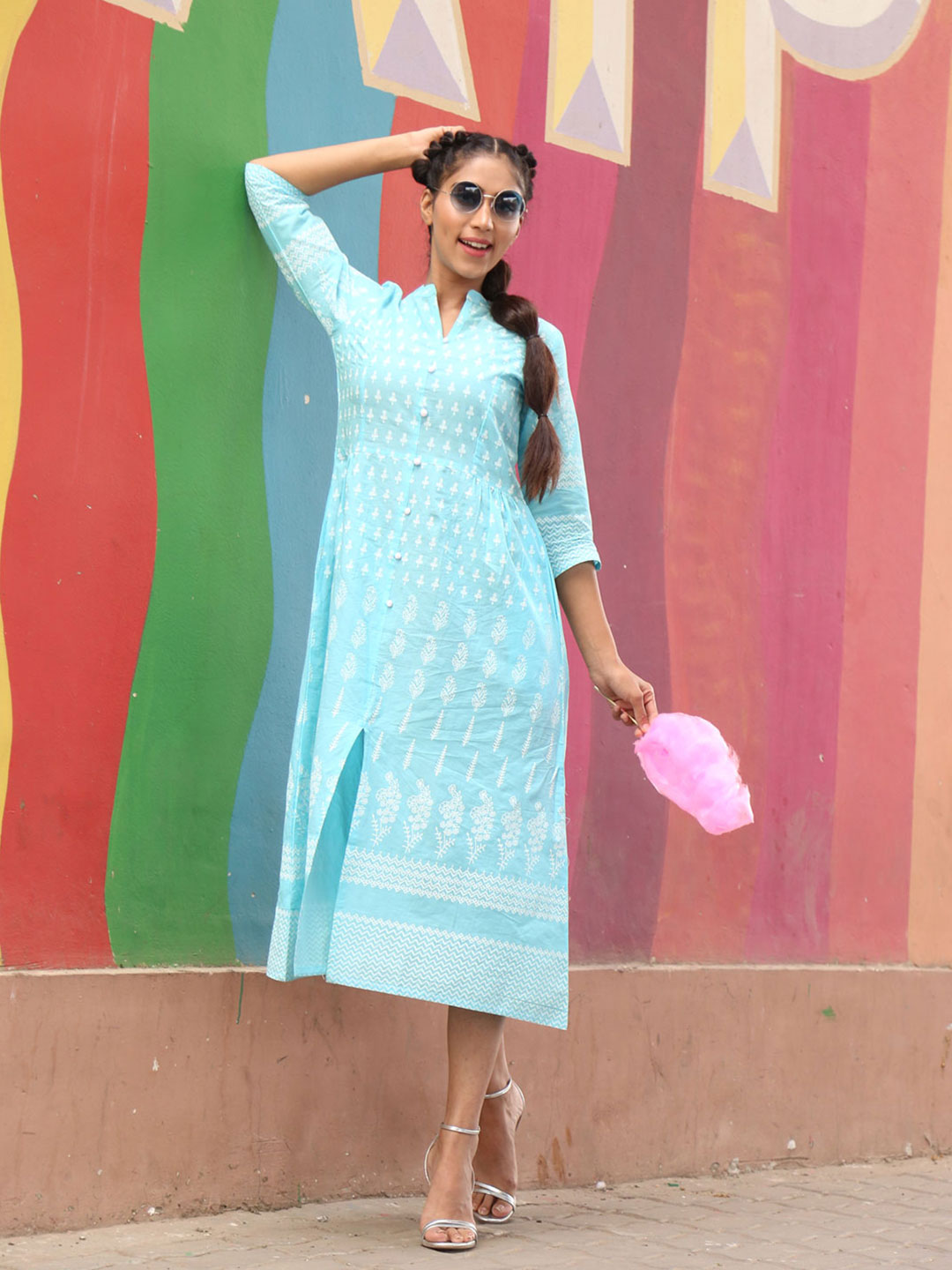 Aqua Printed Flared Dress