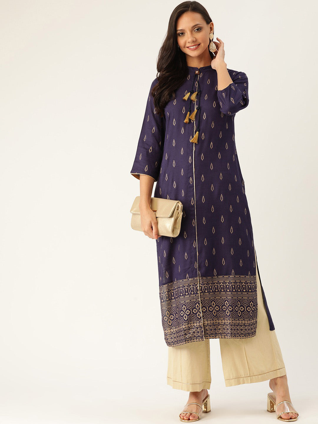 Blue Gold Print Straight Viscose Rayon Kurta