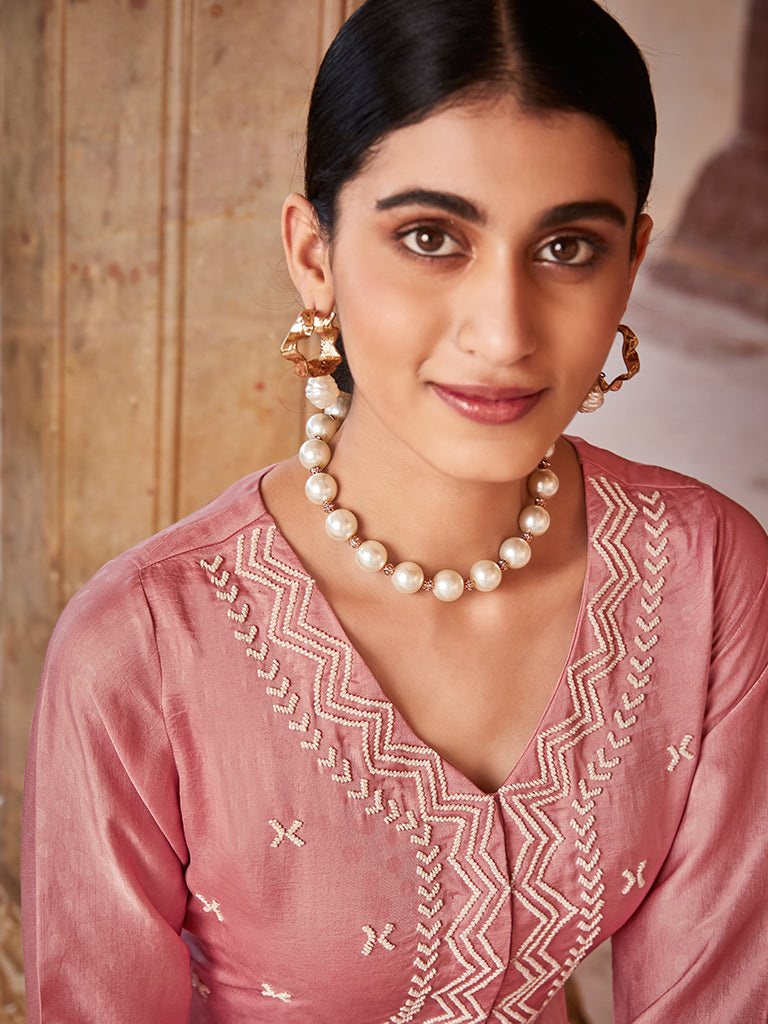 Pink Jaquard Hand Embroidered Anarkali Flared Kurta With Solid Palazzo