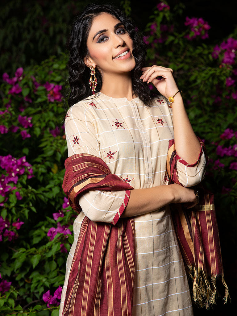 Checks Mirror Embroidery Beige Chanderi Kurta With Pants And Dupatta