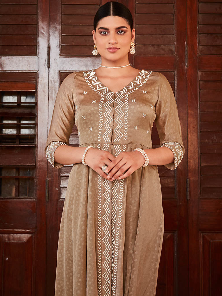 Beige Jaquard Hand Embroidered Anarkali Flared Kurta With Solid Palazzo