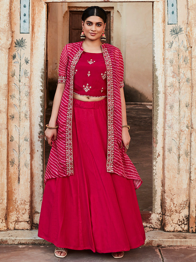 Embroidered Pink Crop Top With Skirt And Shrug