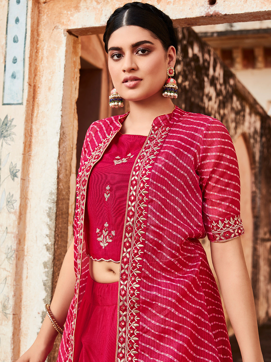 Embroidered Pink Crop Top With Skirt And Shrug