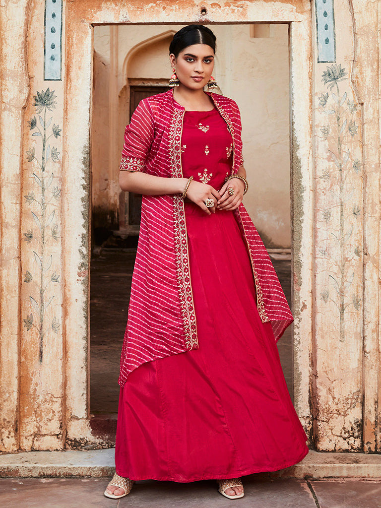 Embroidered Pink Crop Top With Skirt And Shrug