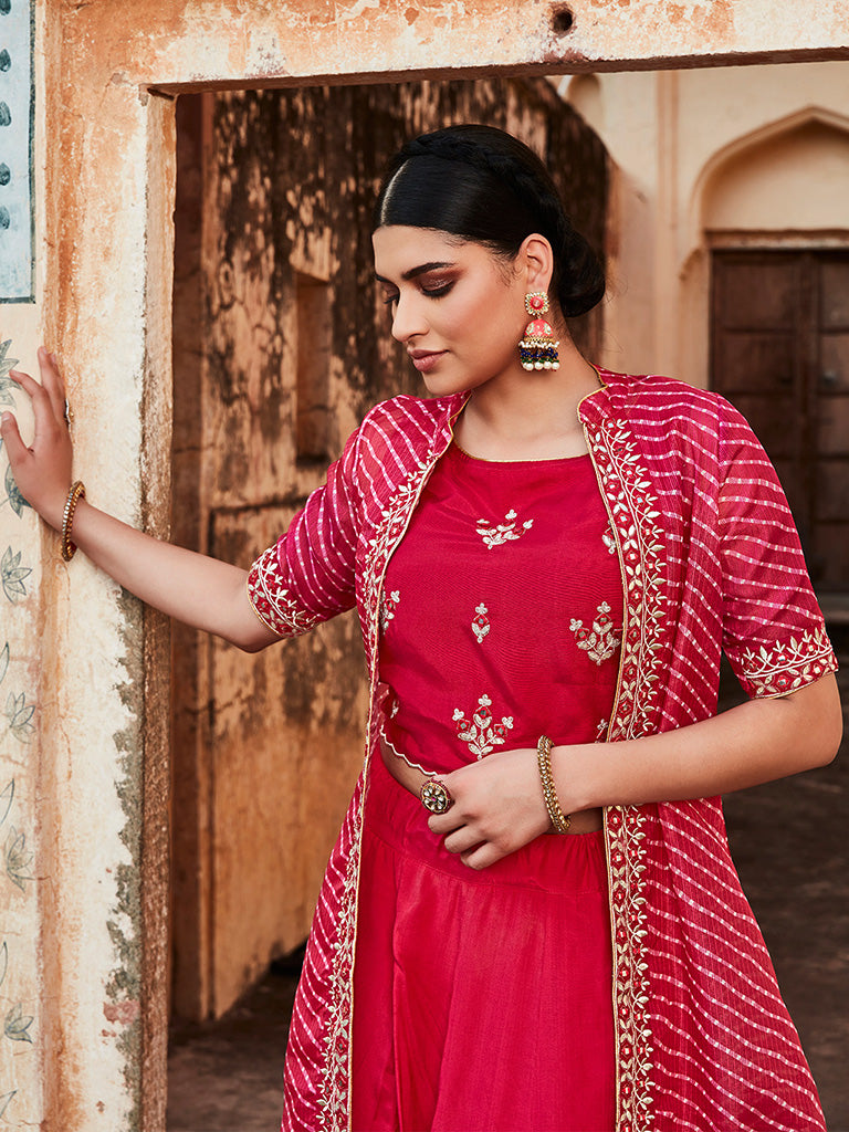 Embroidered Pink Crop Top With Skirt And Shrug