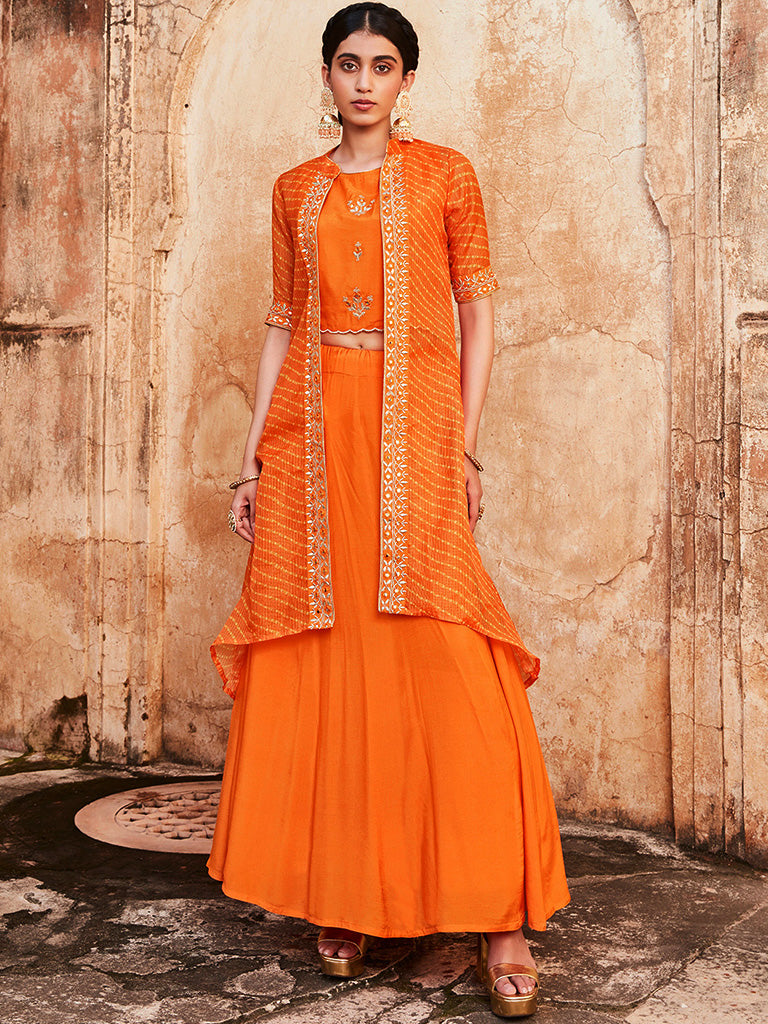 Women Orange Gota Patti Embroidered Crop Top And Skirt With Bandhej Kota Silk Embroidered Shrug