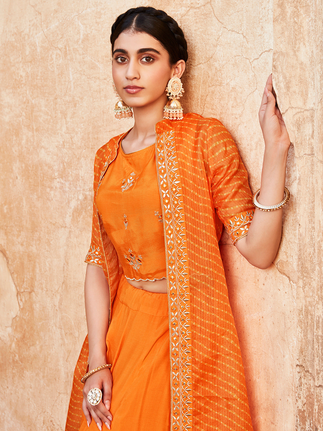 Women Orange Gota Patti Embroidered Crop Top And Skirt With Bandhej Kota Silk Embroidered Shrug