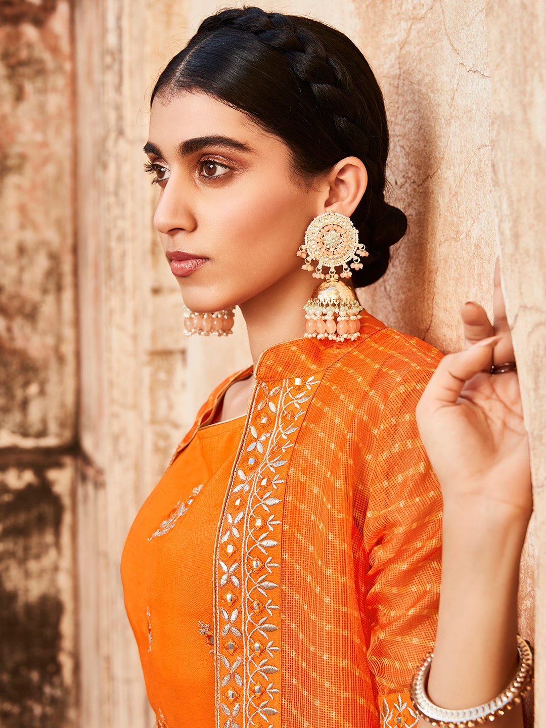 Women Orange Gota Patti Embroidered Crop Top And Skirt With Bandhej Kota Silk Embroidered Shrug