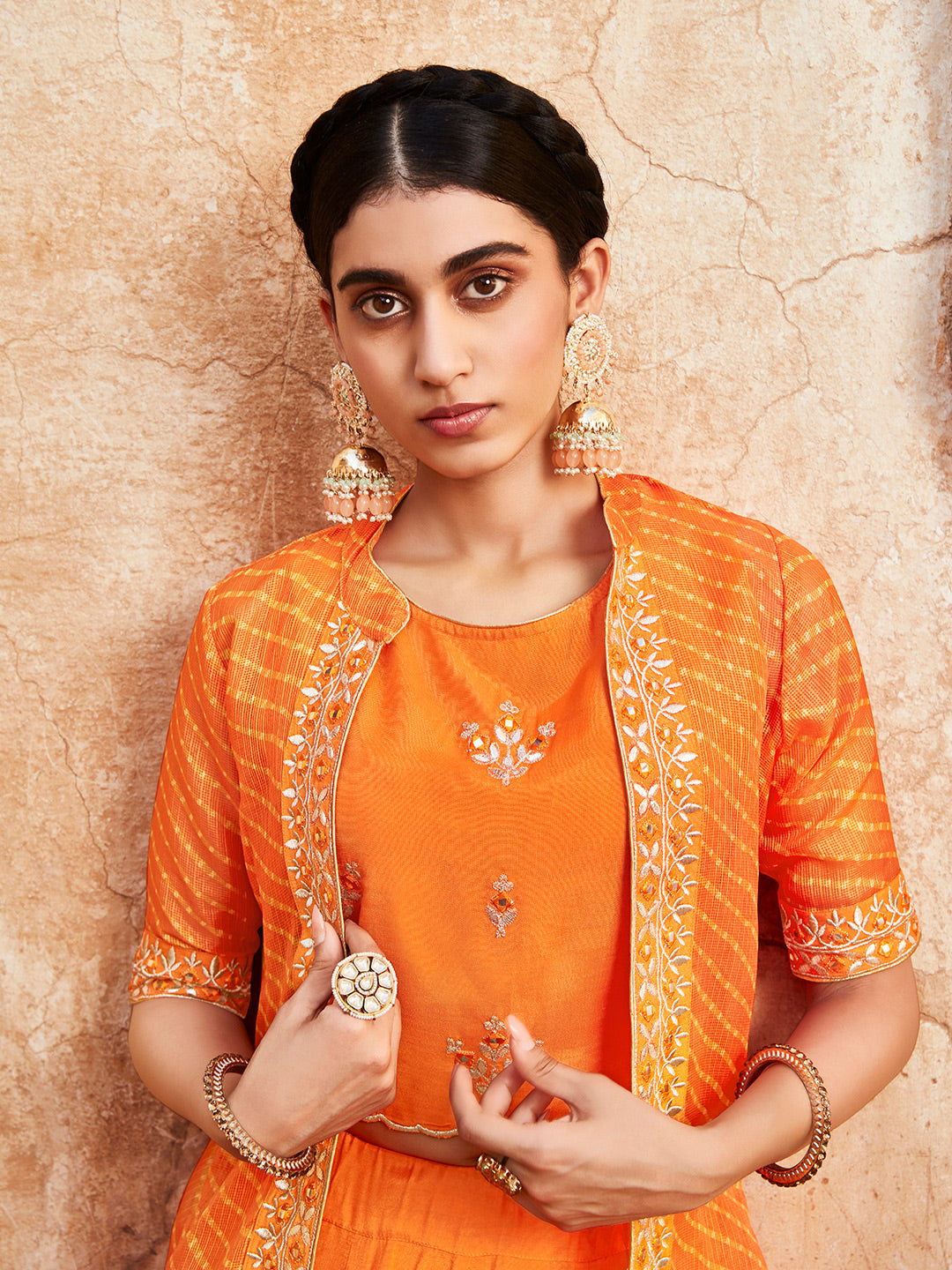 Women Orange Gota Patti Embroidered Crop Top And Skirt With Bandhej Kota Silk Embroidered Shrug