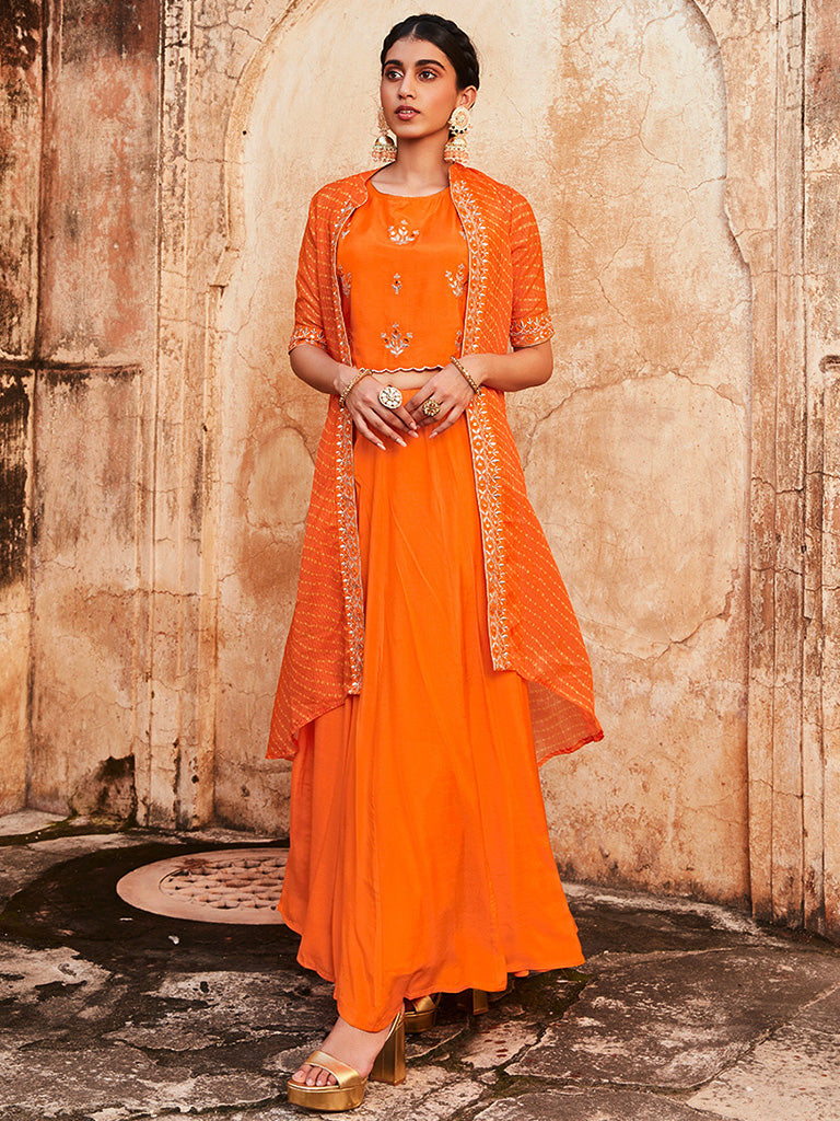 Women Orange Gota Patti Embroidered Crop Top And Skirt With Bandhej Kota Silk Embroidered Shrug