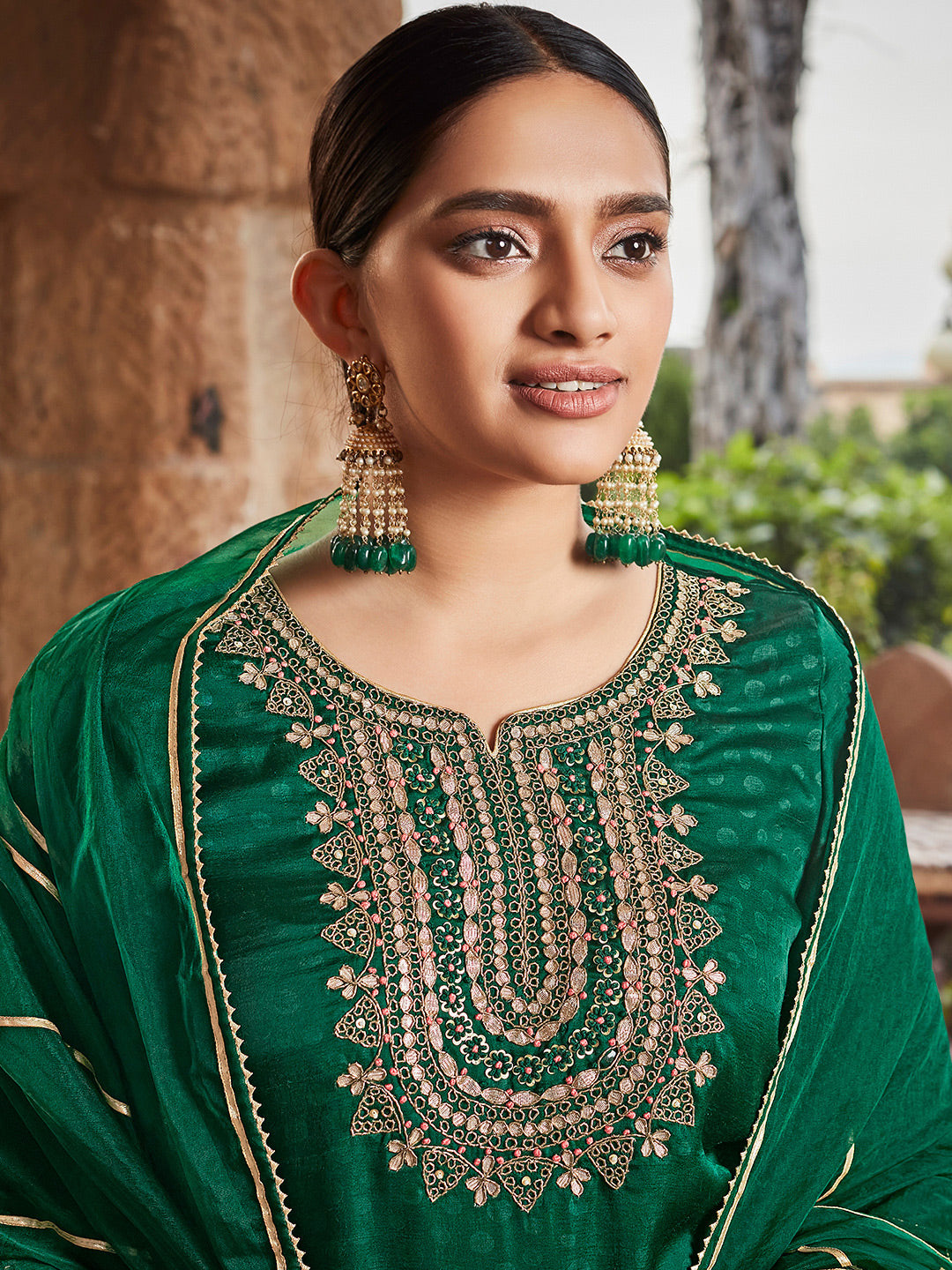 Women Green Straight Embroirdery Silk Kurta With Sharara And Organza Dupatta