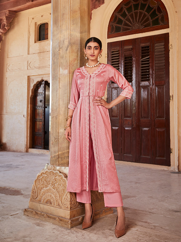 Pink Jaquard Hand Embroidered Anarkali Flared Kurta With Solid Palazzo