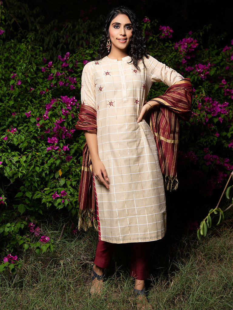 Checks Mirror Embroidery Beige Chanderi Kurta With Pants And Dupatta