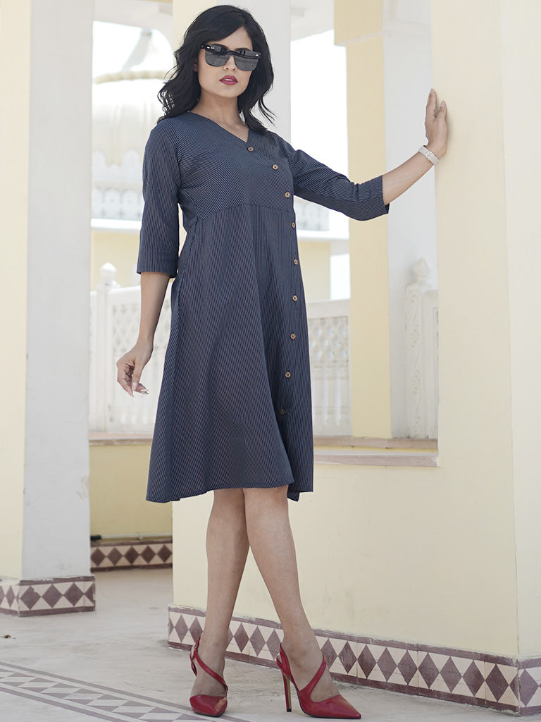 Navy Blue Yarn Dyed Striped Shirt Dress