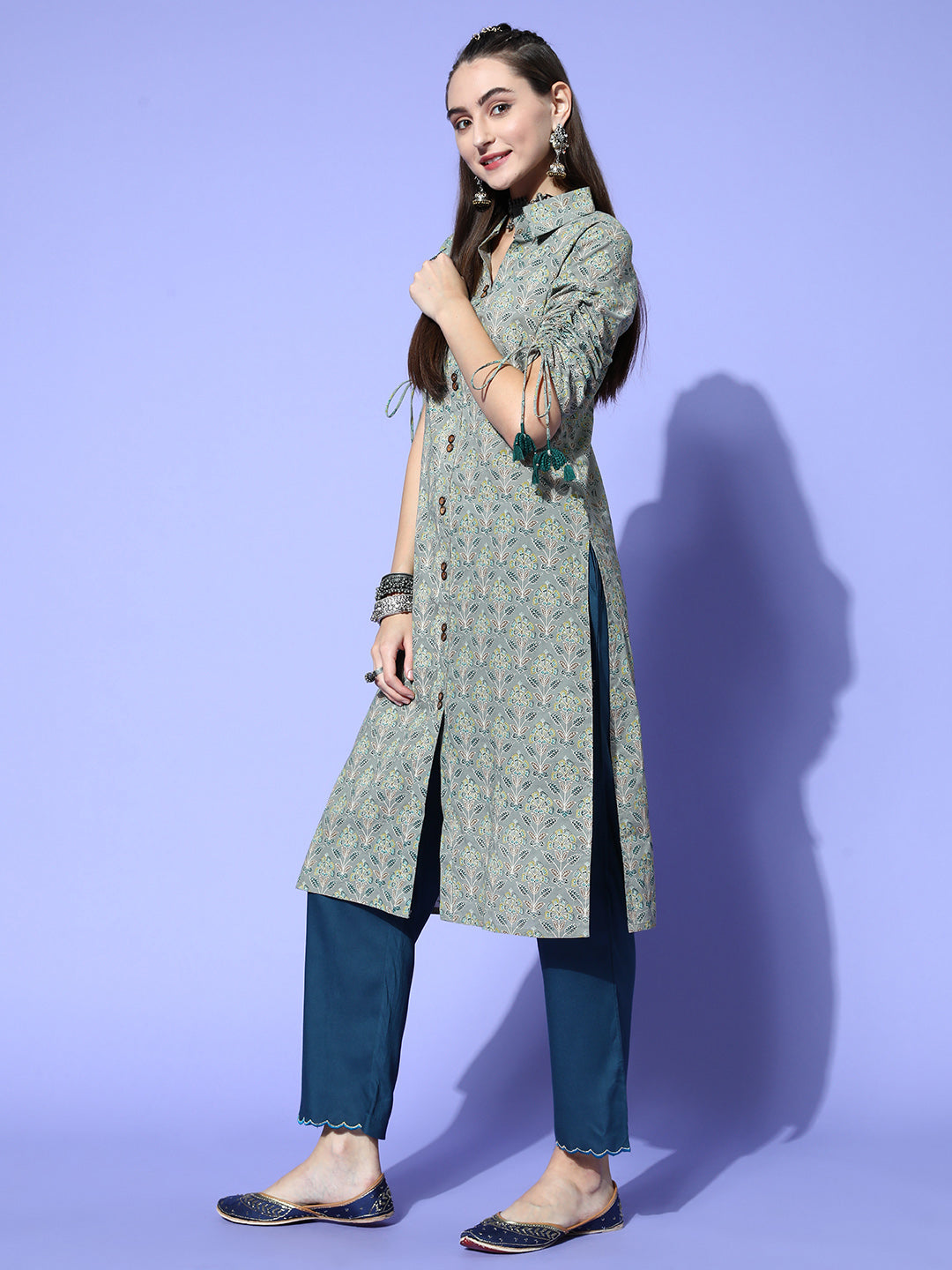 Grey Cotton Printed Shirt Style Kurta With Tasseled Three-Fourth Pull Up Sleeves