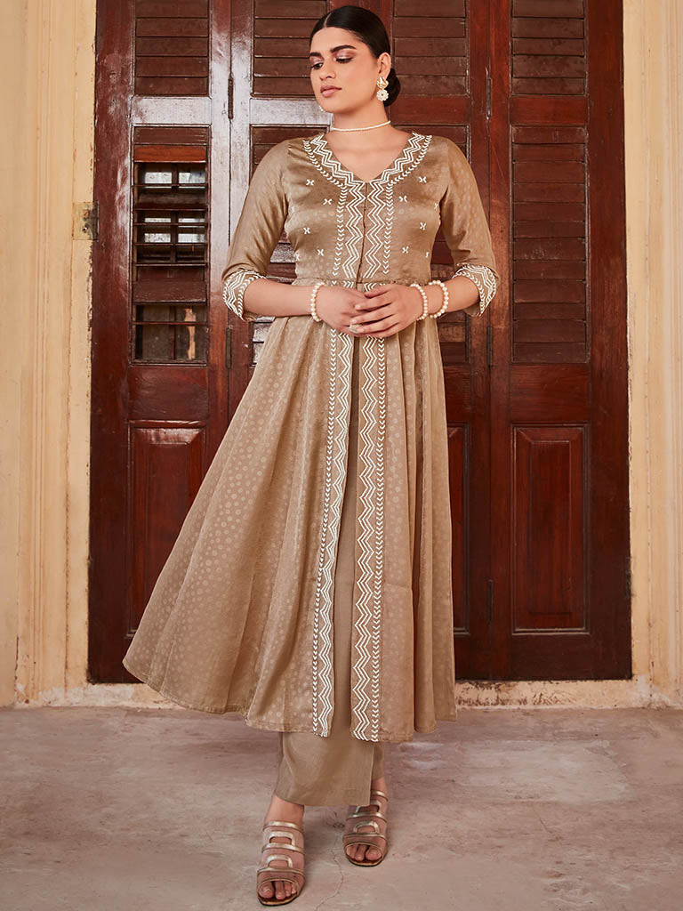 Beige Jaquard Hand Embroidered Anarkali Flared Kurta With Solid Palazzo