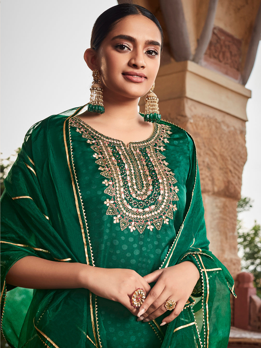 Women Green Straight Embroirdery Silk Kurta With Sharara And Organza Dupatta