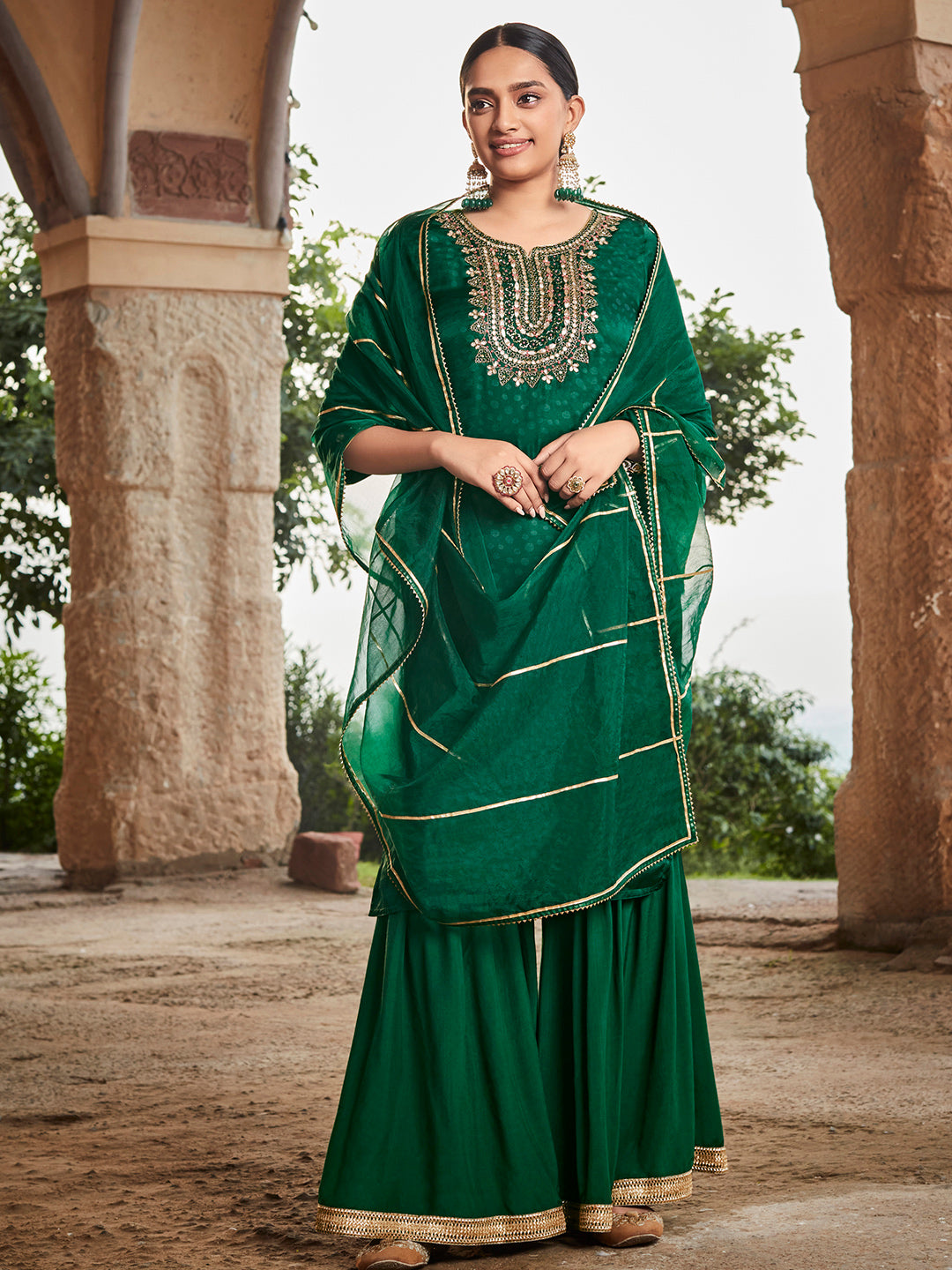 Women Green Straight Embroirdery Silk Kurta With Sharara And Organza Dupatta