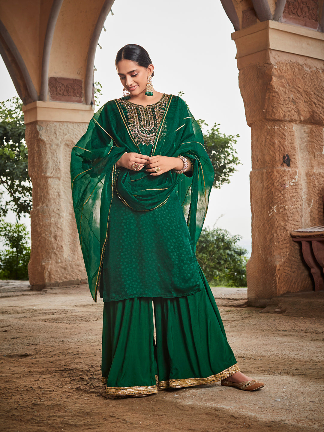 Women Green Straight Embroirdery Silk Kurta With Sharara And Organza Dupatta
