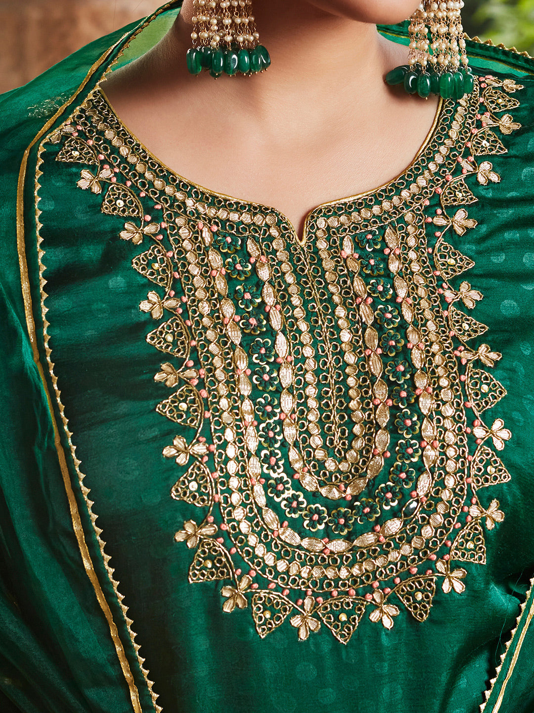 Women Green Straight Embroirdery Silk Kurta With Sharara And Organza Dupatta
