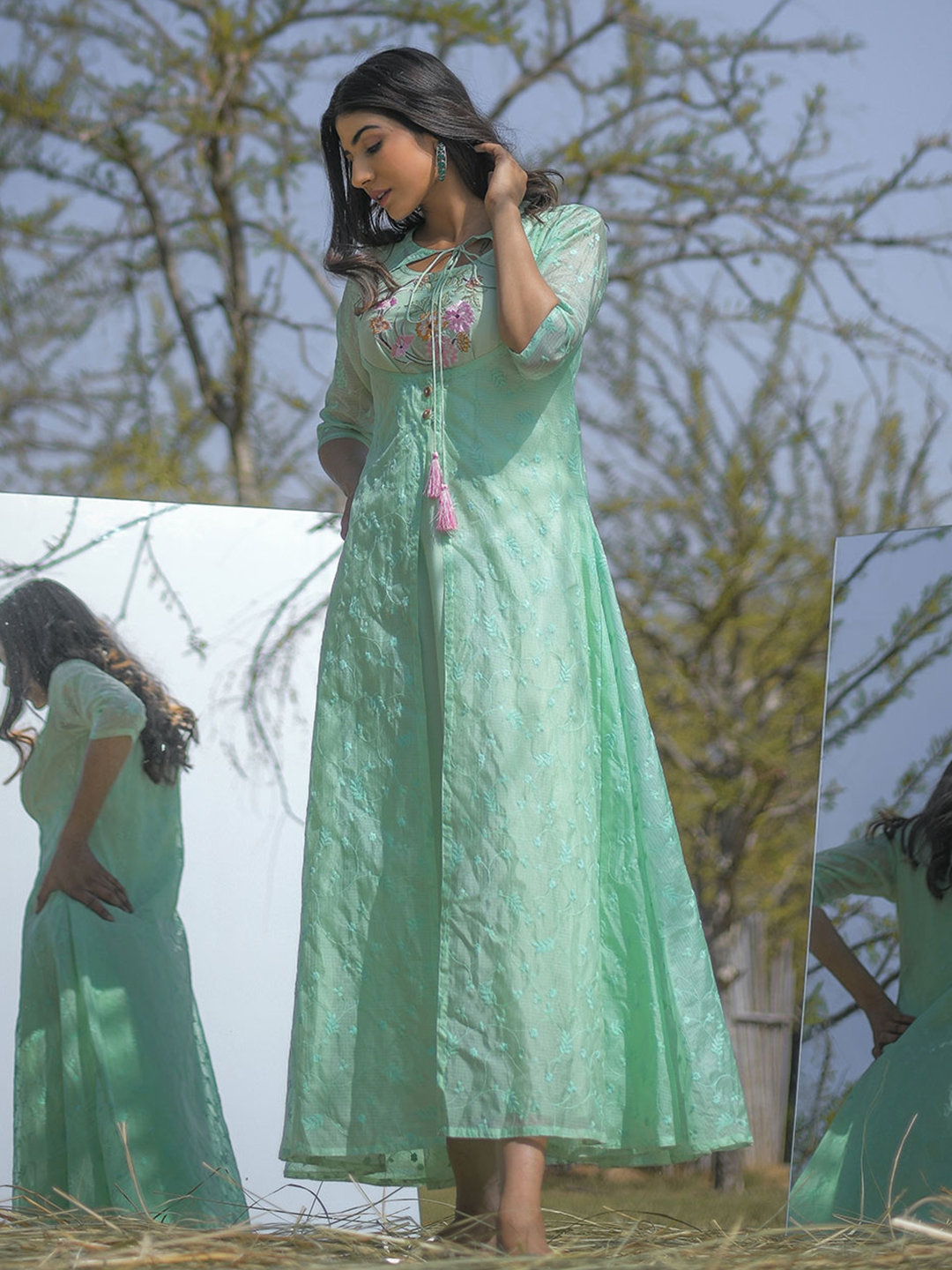 Amaiva Light Green Ethnic Print Kota Doriya Muslin Kurta