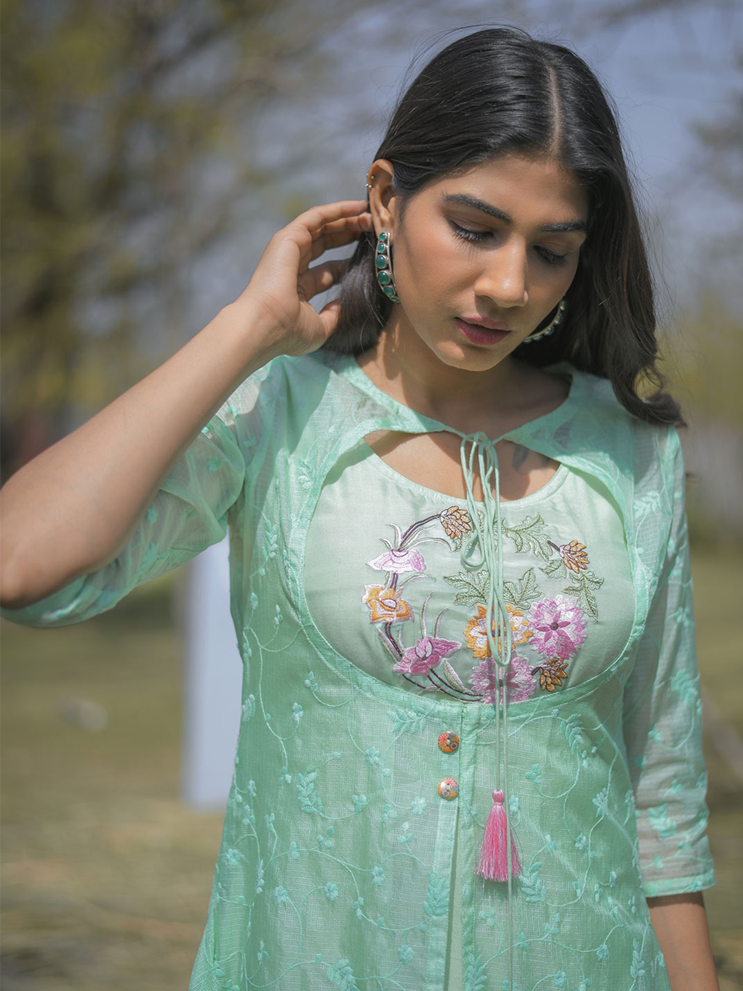 Amaiva Light Green Ethnic Print Kota Doriya Muslin Kurta