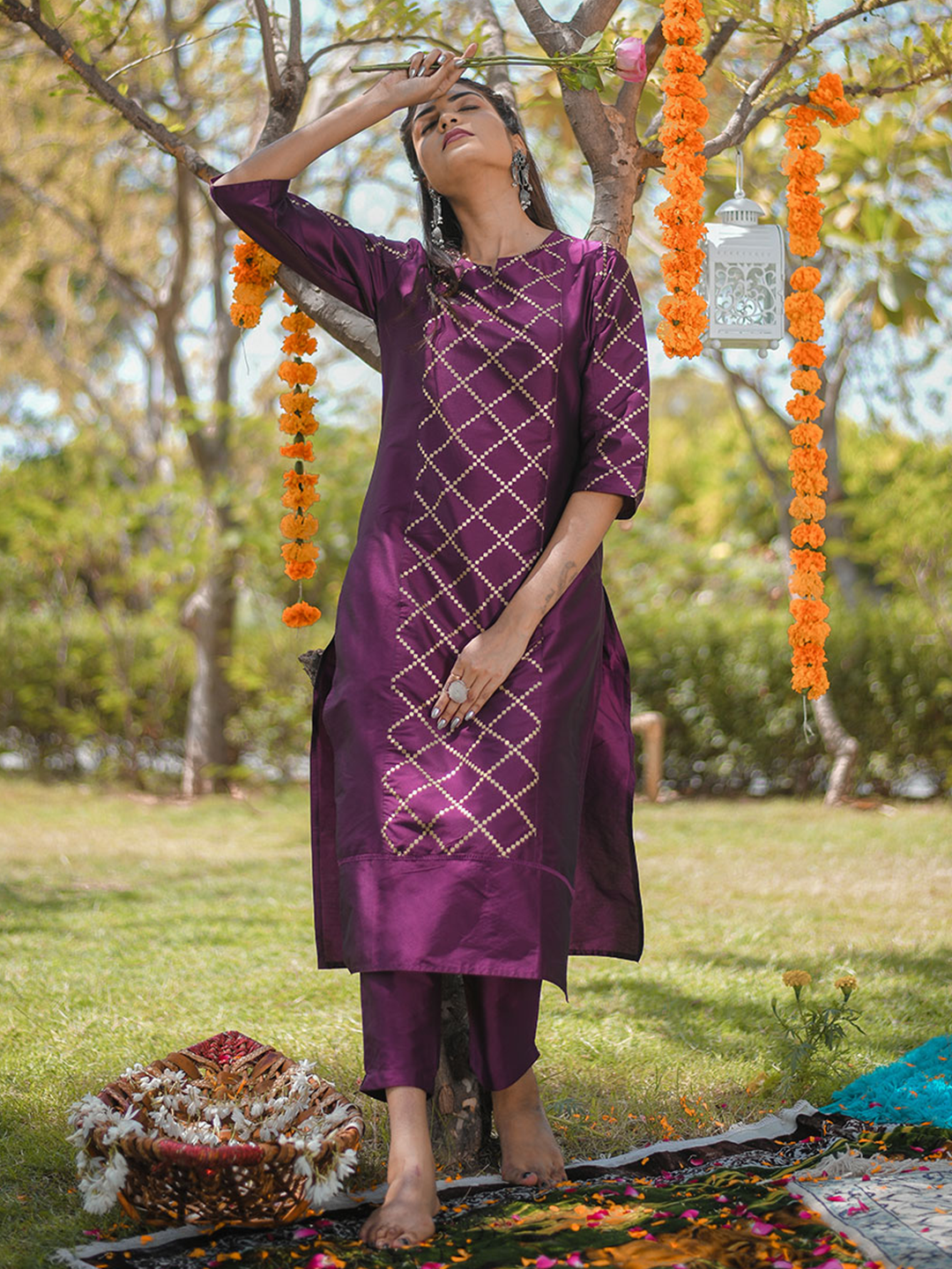 Purple & Gold Printed Silk Blend Kurta With Pants