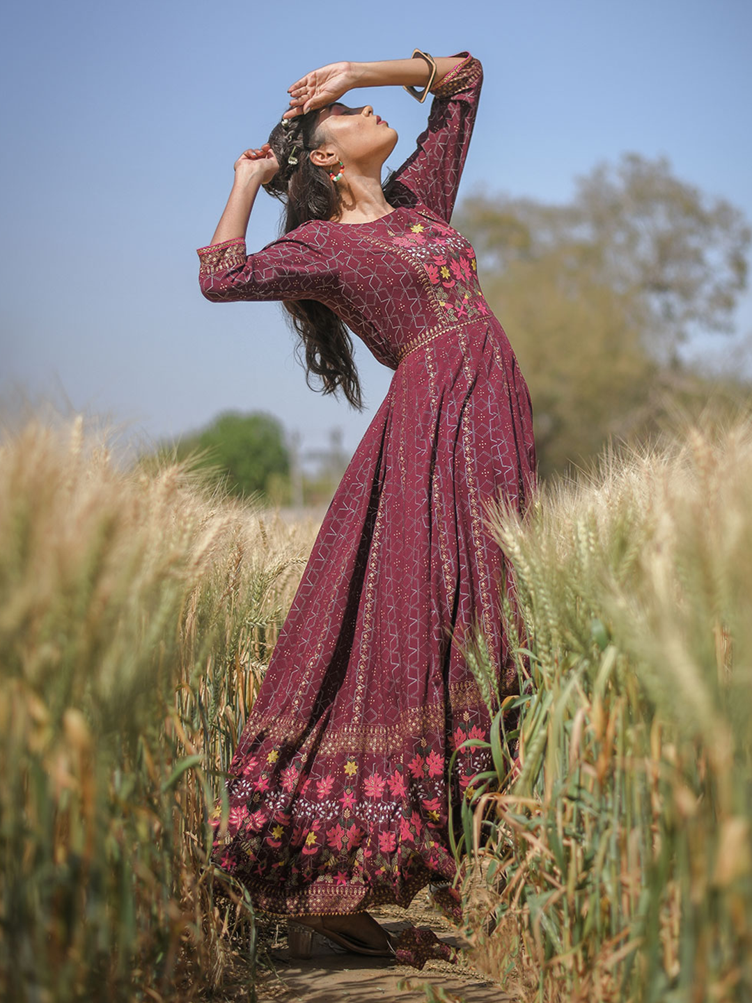 Women Burgundy Printed Anarkali Kurta