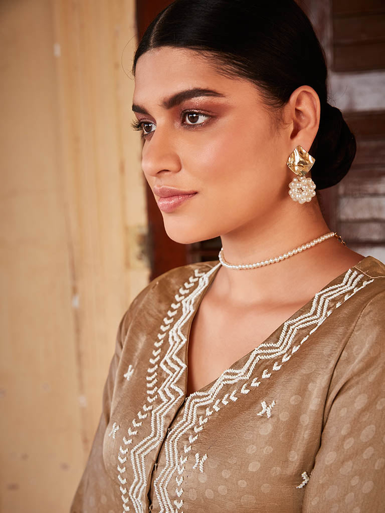 Beige Jaquard Hand Embroidered Anarkali Flared Kurta With Solid Palazzo