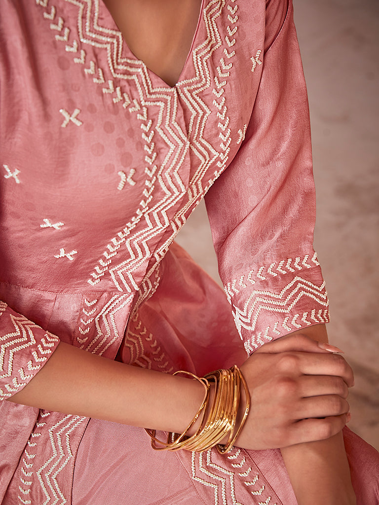 Pink Jaquard Hand Embroidered Anarkali Flared Kurta With Solid Palazzo