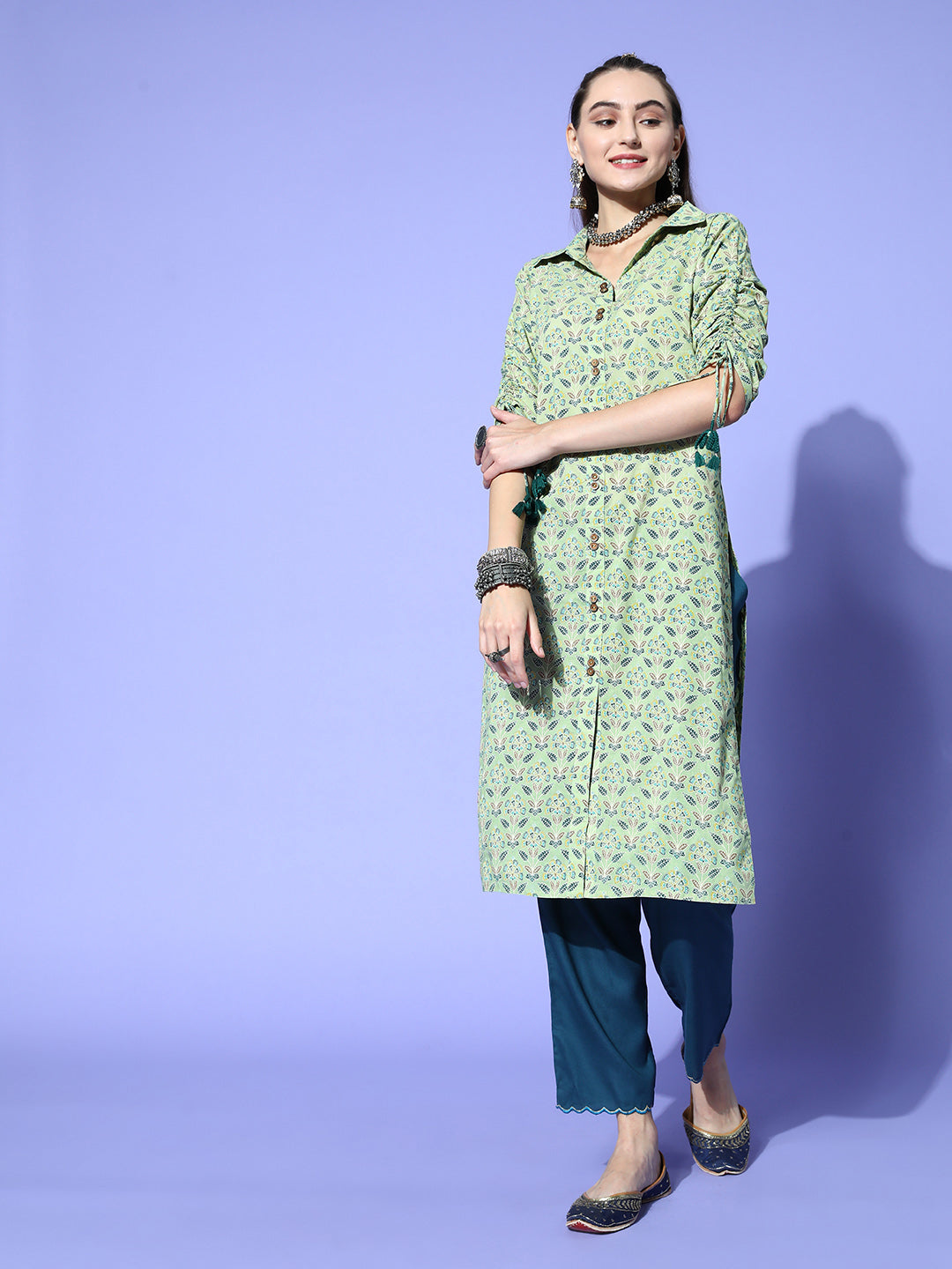 Green Cotton Printed Shirt Style Kurta With Tasseled Three-Fourth Pull Up Sleeves