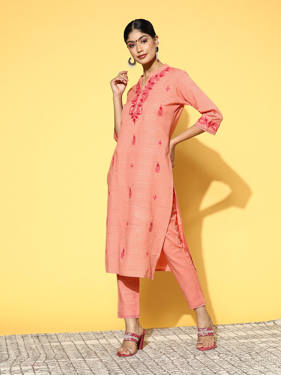 Pink Embroidered Yarn Dyed Kurta With Pants