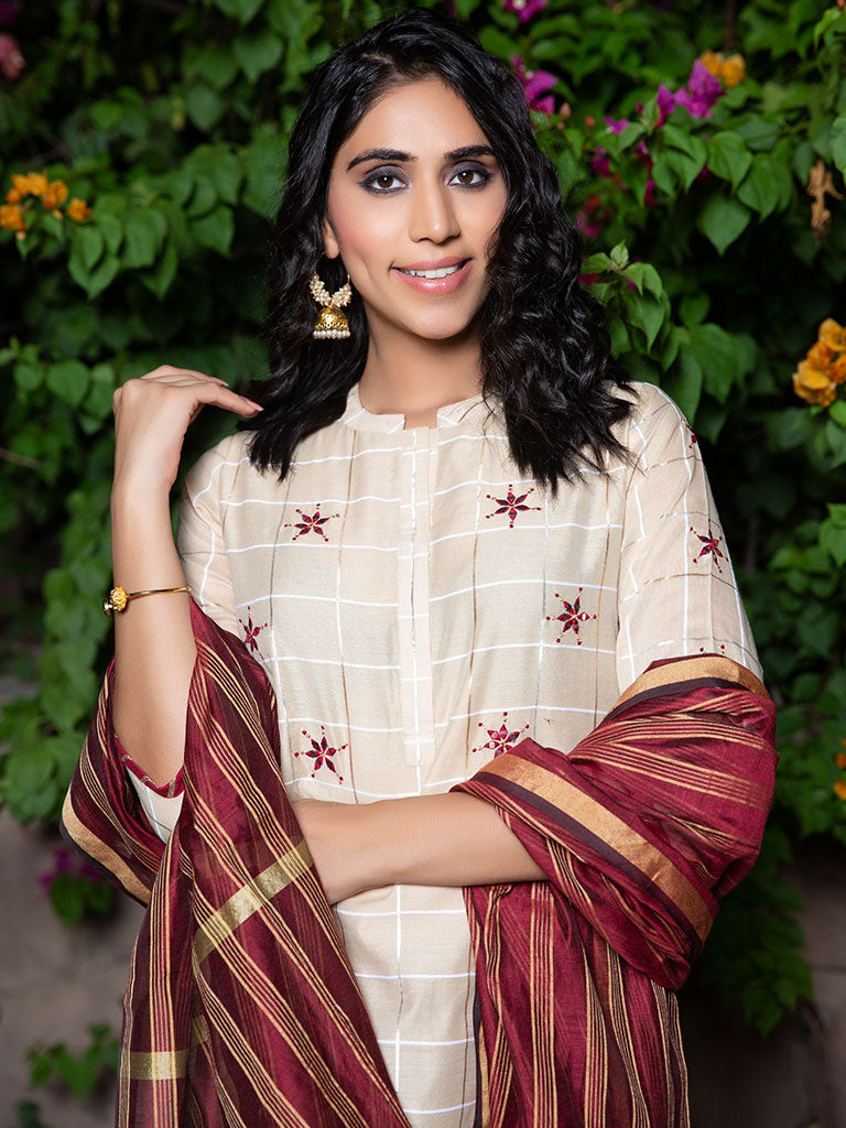 Checks Mirror Embroidery Beige Chanderi Kurta With Pants And Dupatta