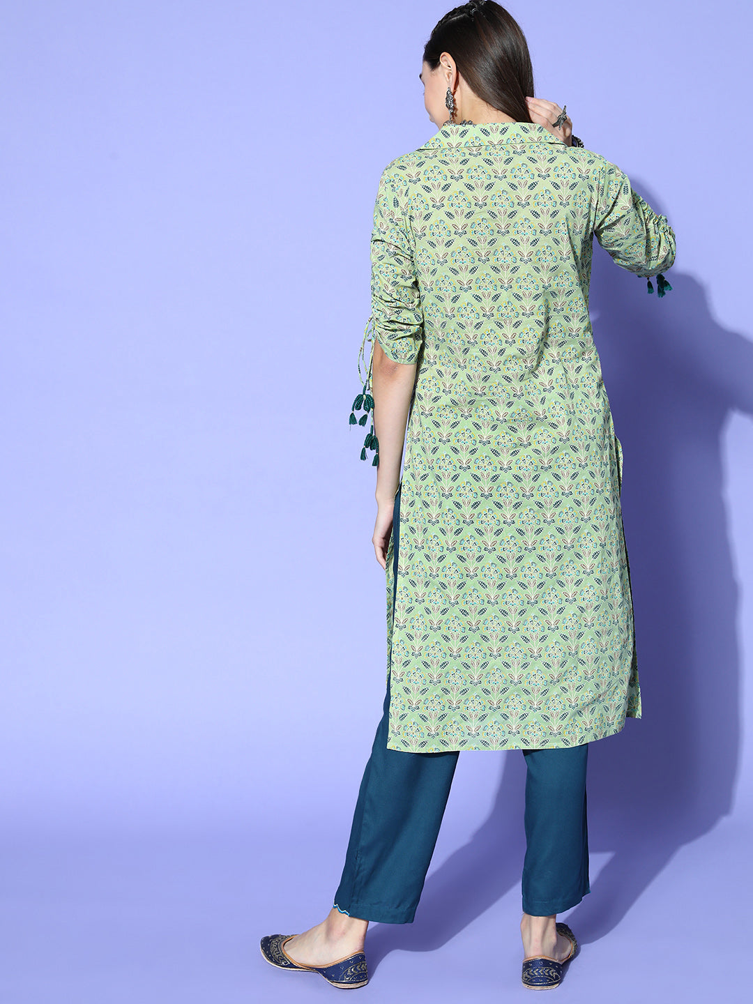 Green Cotton Printed Shirt Style Kurta With Tasseled Three-Fourth Pull Up Sleeves