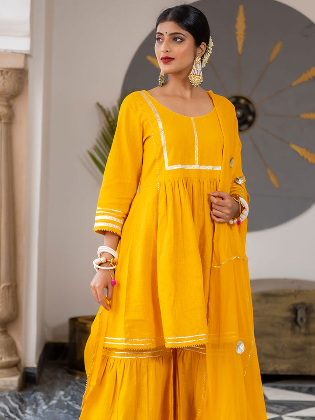 Mustard Flared Cotton Short Kurta With Sharara & Dupatta