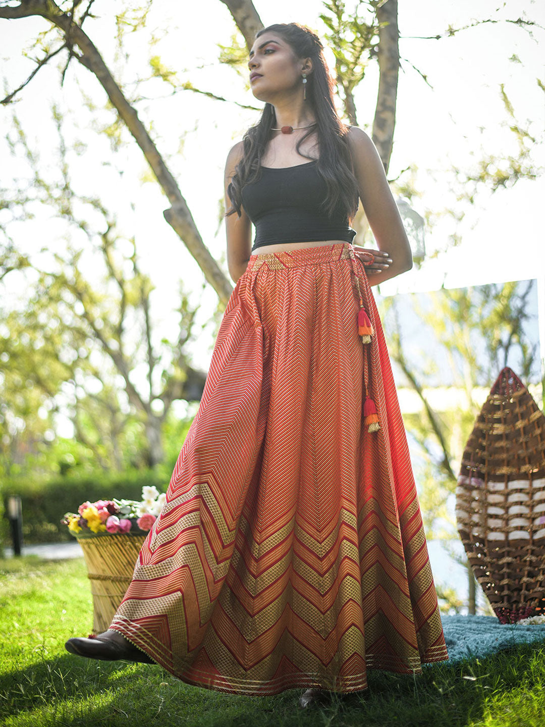 Red Gold Printed Cotton Maxi Flared Skirt